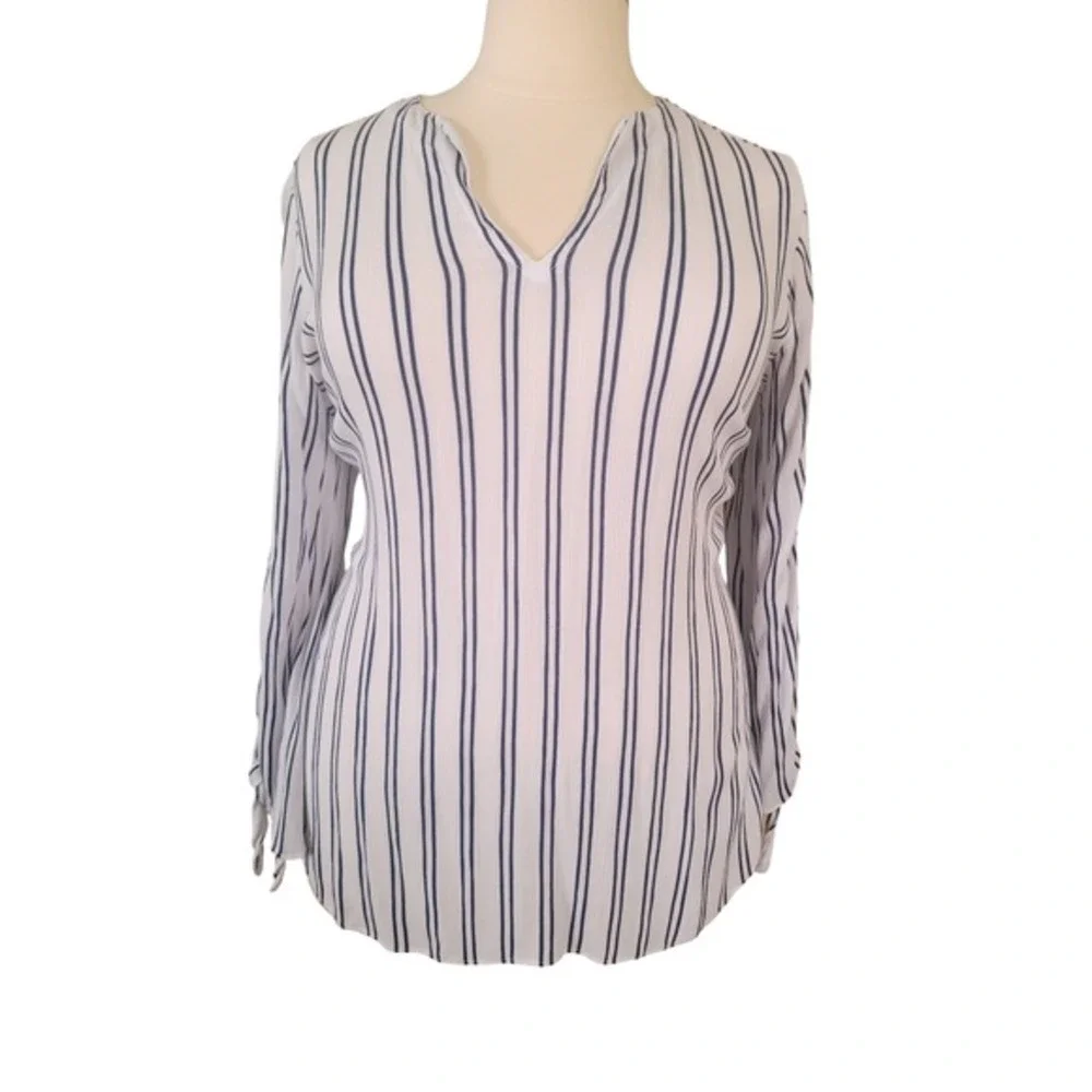 Michael Kors Womens 2X Navy White Striped V-Neck Tie Sleeve Blouse Top